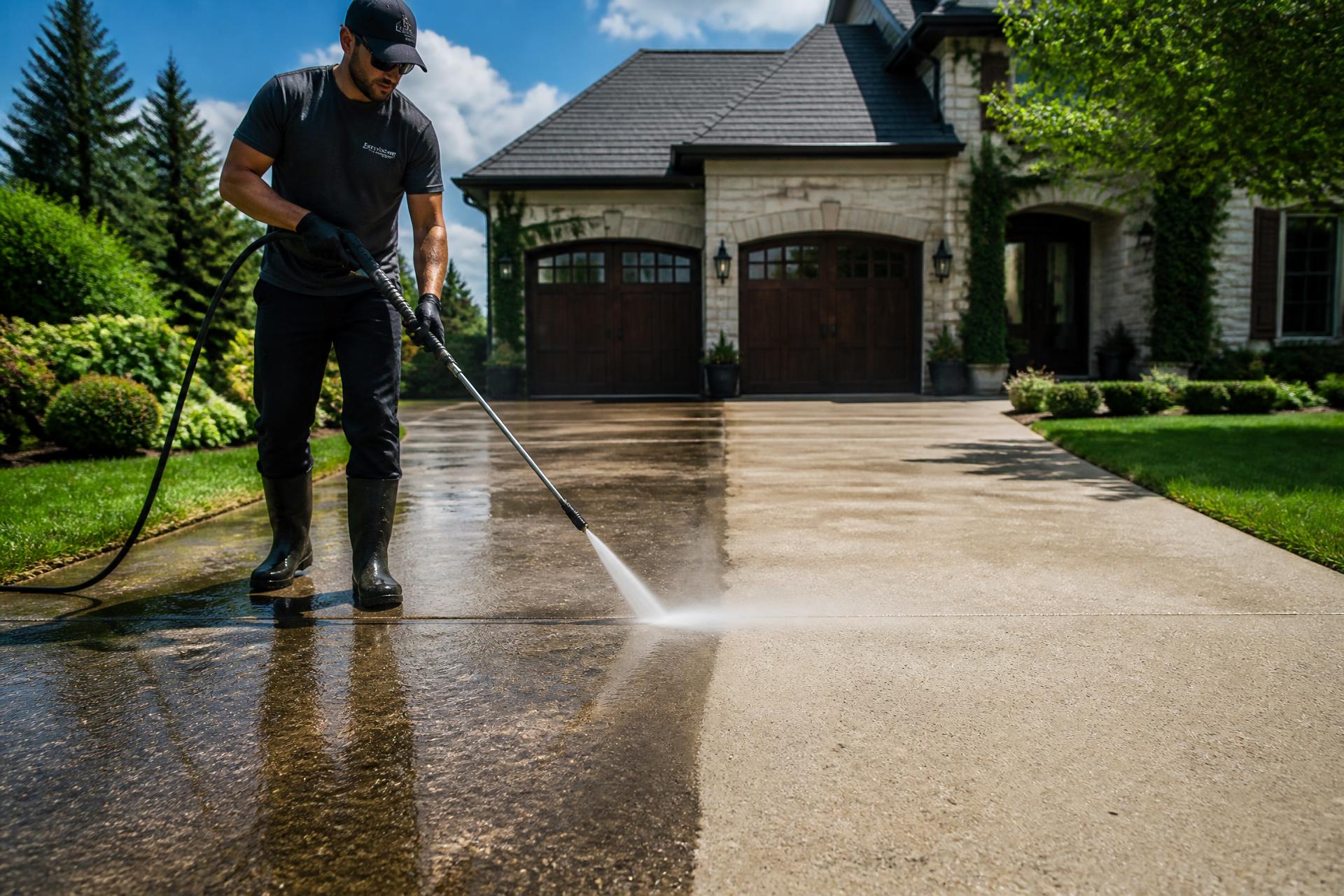 Professional pressure washing a driveway in Sussex County, Delaware